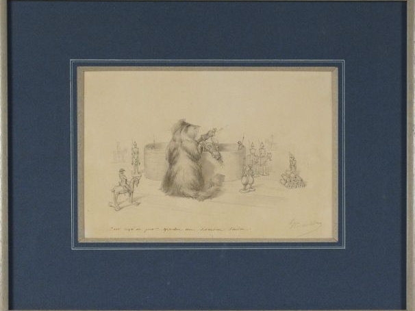 Ecole française 1900 'Chats jouant avec des soldats de plomb'. Dessins