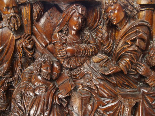 Bas relief XVe - XVIe en noyer sculpté « La dormition de la Vierge » (
