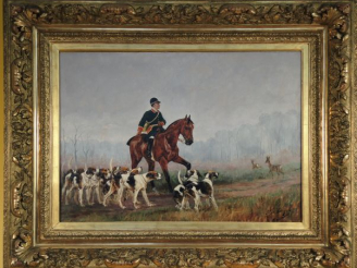 Vente aux enchères LA ROCQUE	 'Scène de chasse'. Huile sur toile, signée en bas à droite.