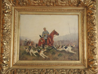 Vente aux enchères LA ROCQUE	 'Scène de chasse à courre'. Huile sur toile, signée en bas 