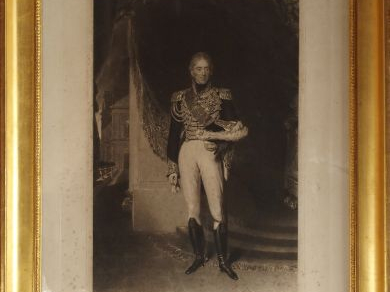 Gravure en noir anglaise 'Portrait de Charles X en pied', cadre doré X