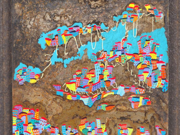 PATURET. "Vue de village". Technique mixte, signée en bas à droite. Di