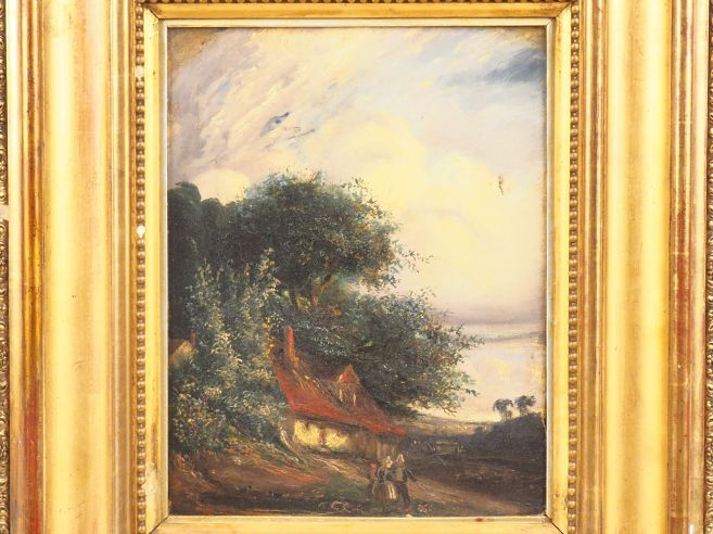 Ecole française.  "Paysans devant leur chaumière". Huile sur toile non