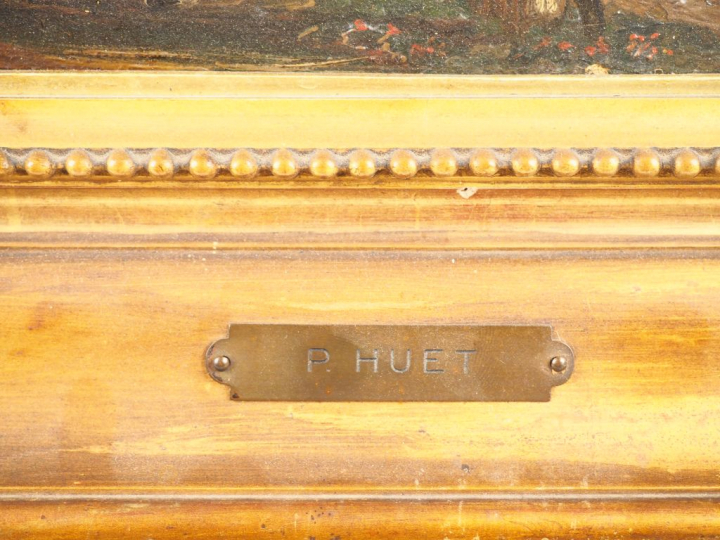 Ecole française.  "Paysans devant leur chaumière". Huile sur toile non