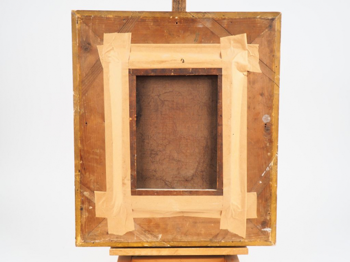 Ecole française.  "Paysans devant leur chaumière". Huile sur toile non