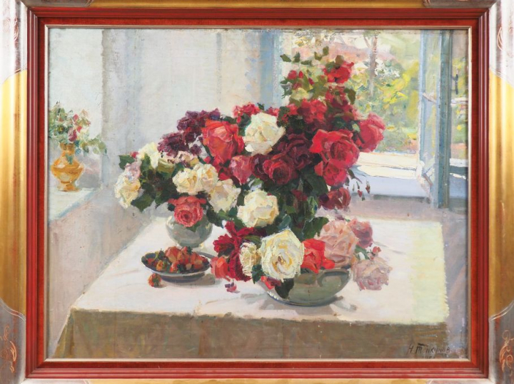 Ecole russe début XXème.  "Nature morte aux bouquets". Huile sur toile