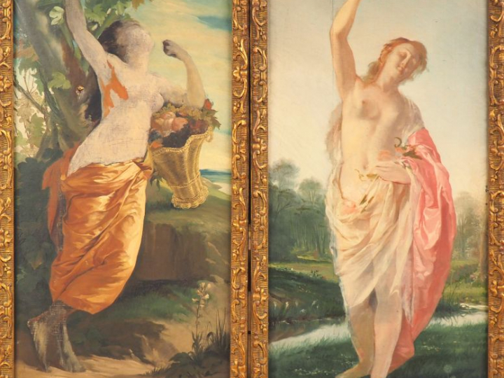 Ecole française vers 1900. "Allégories".  Paire d'huiles sur toile. Di