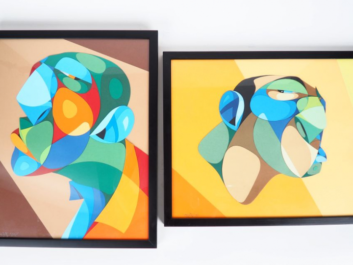 Ecole française XXème. "Portraits". Paire de collages signés et datés.