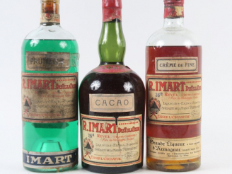 Vente aux enchères 3 VIEILLES BOUTEILLES R. IMART : 1 CRÈME DE FINE - 1 PRUNELLE - 1 CACA