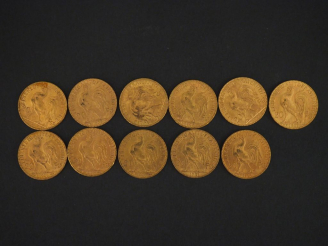 Vente aux enchères 11 pièces de 20 Francs or : 6 de 1907, 2 de 1906, 1 de 1905, 1 de 1904