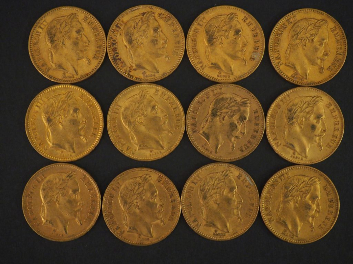 12 pièces de 20 Francs or : 3 de 1862, 1 de 1870, 2 de 1867, 1 de 1866