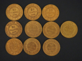 Vente aux enchères 10 pièces de 20 Francs or : 5 de 1897, 1 de 1898, 3 de 1896, 1 de 1893
