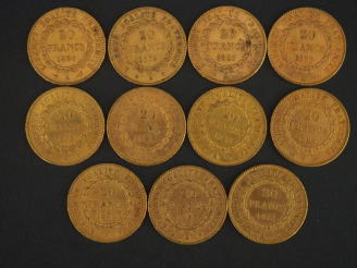 Vente aux enchères 11 pièces de 20 Francs or : 1 de 1895, 1 de 1893, 1 de 1877, 2 de 1875