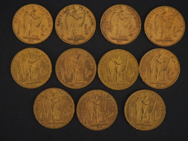 11 pièces de 20 Francs or : 1 de 1895, 1 de 1893, 1 de 1877, 2 de 1875