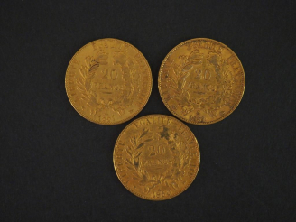 Vente aux enchères 3 pièces de 20 Francs or : 2 de 1851, 1 de 1850 FRAIS ACHETEUR : 10 % 