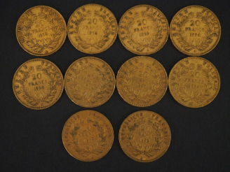 Vente aux enchères 10 pièces de 20 Francs or : 5 de 1854, 3 de 1852, 1 de 1857, 1 de 1855