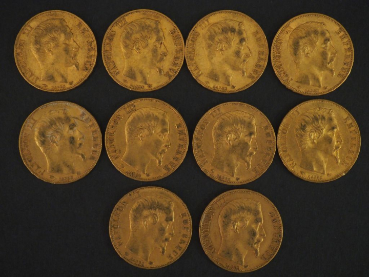 10 pièces de 20 Francs or : 3 de 1859, 1 de 1860, 2 de 1856, 3 de 1857