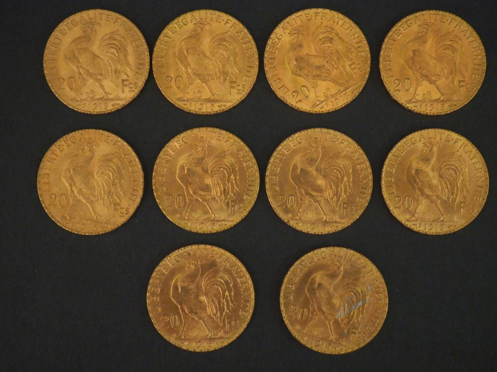 10 pièces de 20 Francs or, 1913 FRAIS ACHETEUR : 10 % HT   