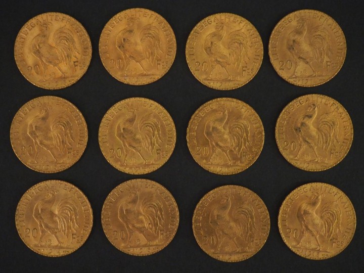 12 pièces de 20 Francs or : 5 de 1913, 7 de 1914 FRAIS ACHETEUR : 10 %