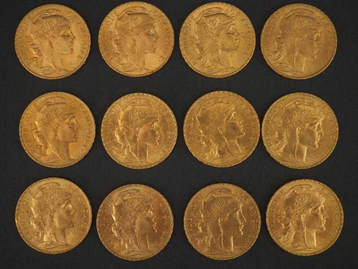 12 pièces de 20 Francs or : 5 de 1913, 7 de 1914 FRAIS ACHETEUR : 10 %