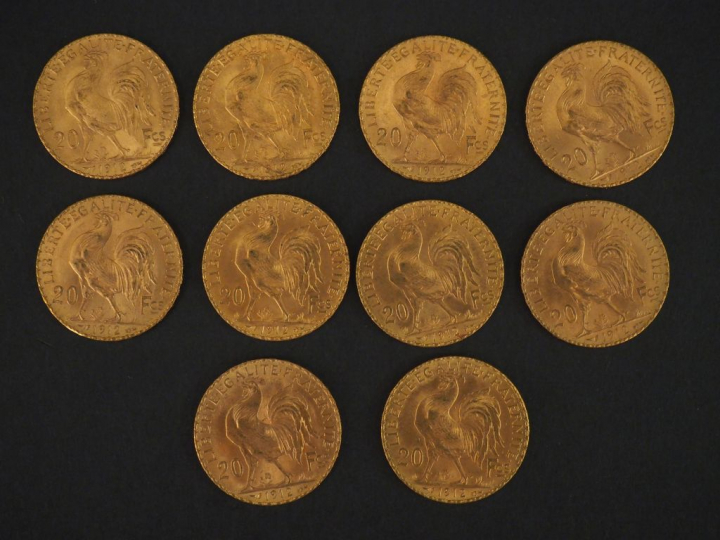 10 pièces de 20 Francs or, 1912 FRAIS ACHETEUR : 10 % HT   