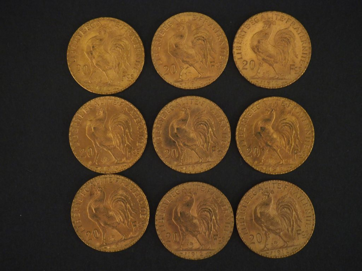 9 pièces de 20 Francs or, 1912 FRAIS ACHETEUR : 10 % HT   