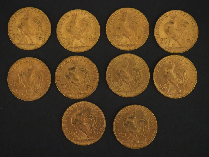 10 pièces de 20 Francs or : 1 de 1902, 3 de 1910, 6 de 1911 FRAIS ACHE