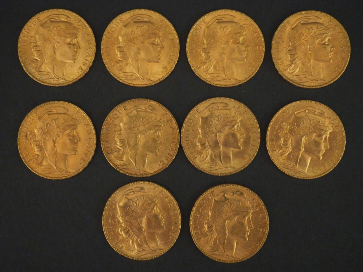 10 pièces de 20 Francs or : 1 de 1902, 3 de 1910, 6 de 1911 FRAIS ACHE