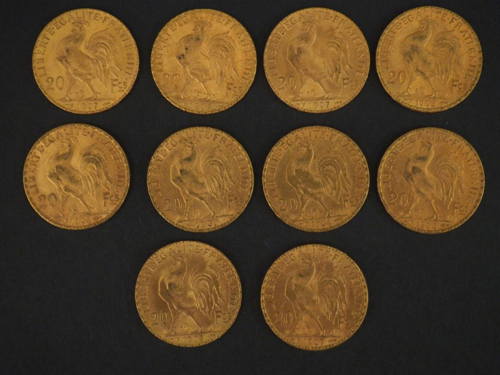 10 pièces de 20 Francs or : 5 de 1907, 2 de 1905, 1 de 1901, 2 de 1904