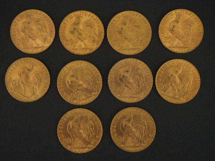 10 pièces de 20 Francs or, 1909 FRAIS ACHETEUR : 10 % HT   