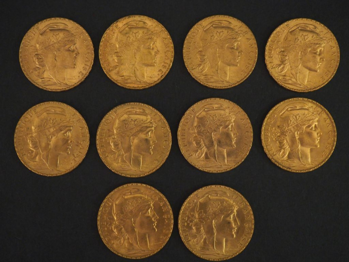 10 pièces de 20 Francs or, 1909 FRAIS ACHETEUR : 10 % HT   