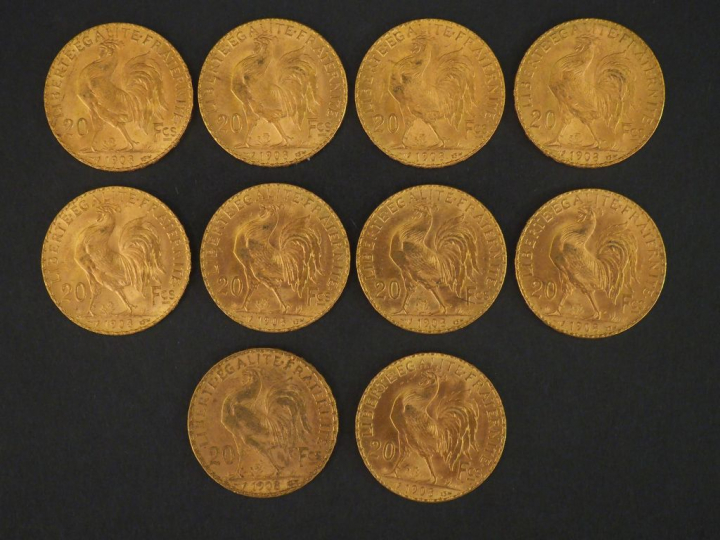 10 pièces de 20 Francs or, 1908 FRAIS ACHETEUR : 10 % HT   