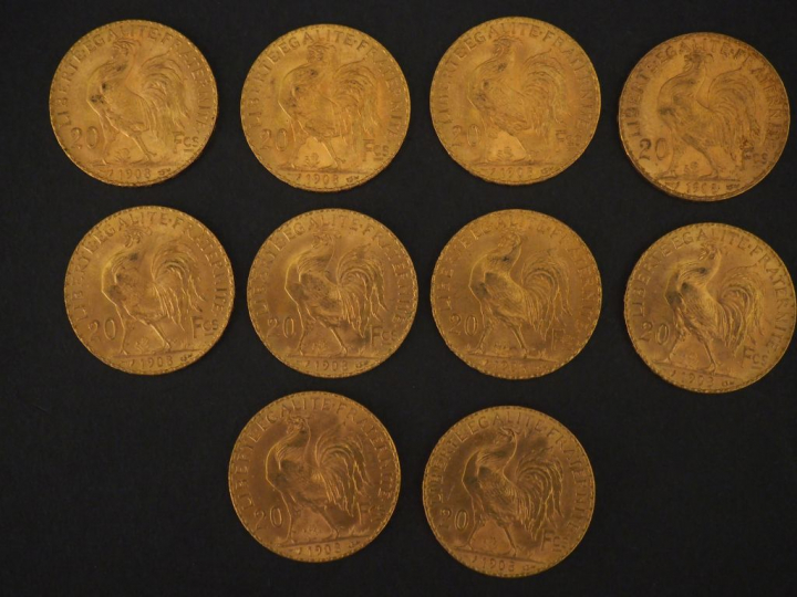 10 pièces de 20 Francs or, 1908 FRAIS ACHETEUR : 10 % HT   