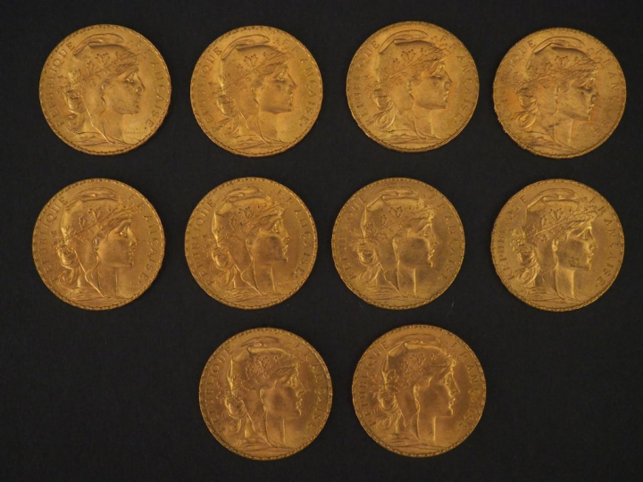10 pièces de 20 Francs or, 1908 FRAIS ACHETEUR : 10 % HT   