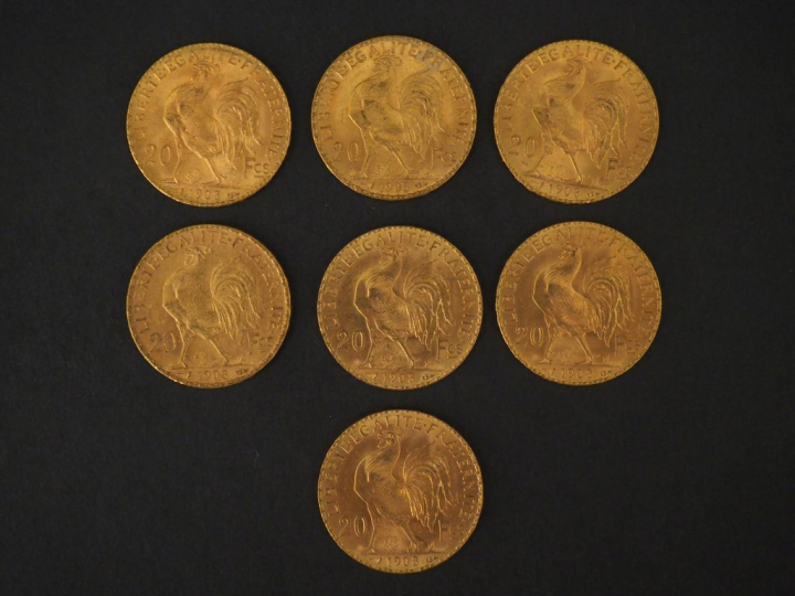 7 pèces de 20 Francs or : 6 de 1908, 1 de 1903 FRAIS ACHETEUR : 10 % H
