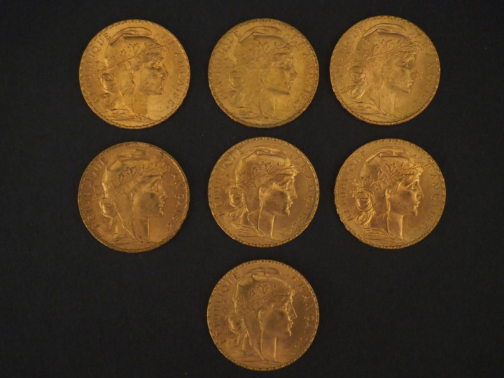 7 pèces de 20 Francs or : 6 de 1908, 1 de 1903 FRAIS ACHETEUR : 10 % H