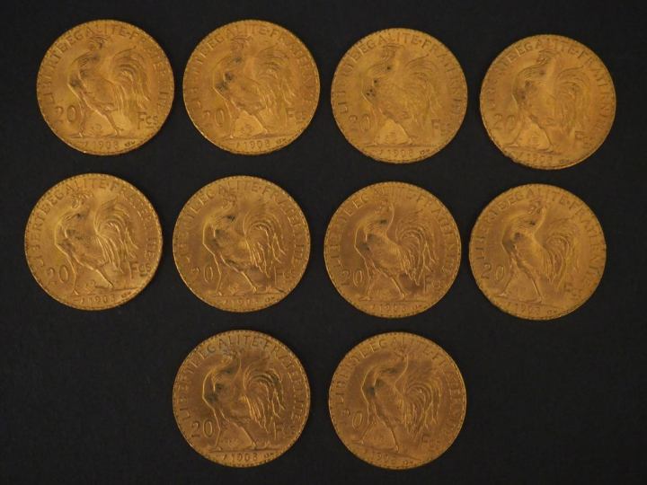 10 pèces de 20 Francs or, 1908 FRAIS ACHETEUR : 10 % HT   
