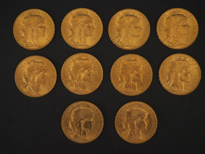 10 pèces de 20 Francs or, 1908 FRAIS ACHETEUR : 10 % HT   