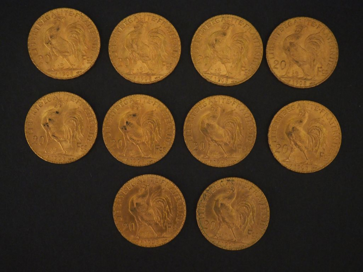 10 pièces de 20 Francs or, 1908 FRAIS ACHETEUR : 10 % HT   
