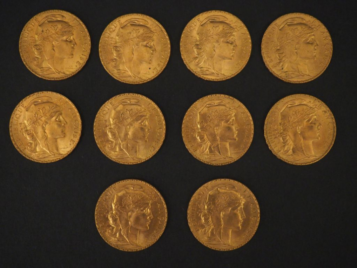 10 pièces de 20 Francs or, 1908 FRAIS ACHETEUR : 10 % HT   