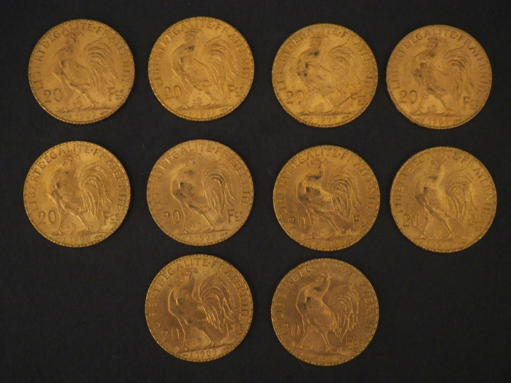 10 pièces de 20 Francs or, 1909 FRAIS ACHETEUR : 10 % HT   