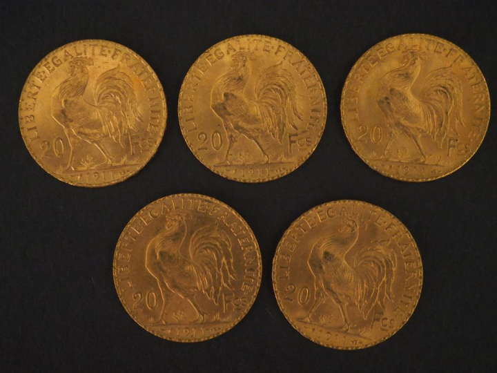 5 pièces de 20 Francs or, 1911 FRAIS ACHETEUR : 10 % HT   