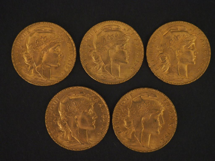 5 pièces de 20 Francs or, 1911 FRAIS ACHETEUR : 10 % HT   