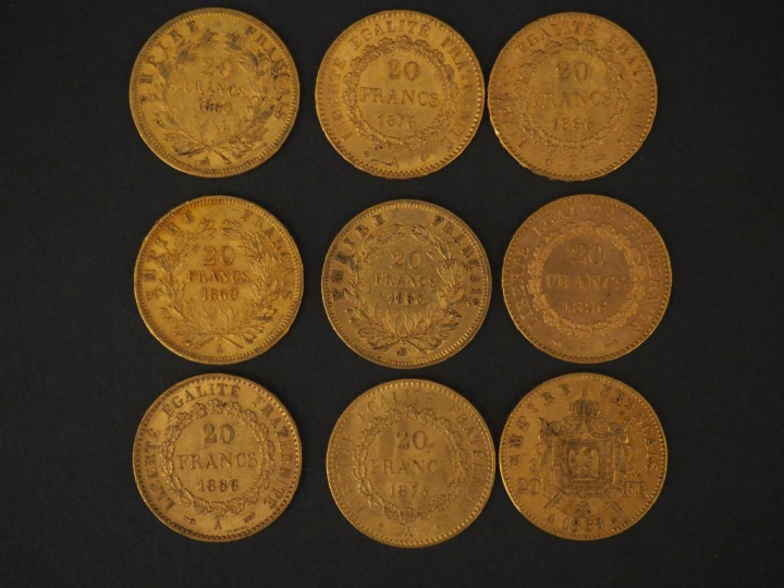9 pièces de 20 Francs or : 1 de 1868, 2 de 1896, 1 de 1886, 3 de 1860,
