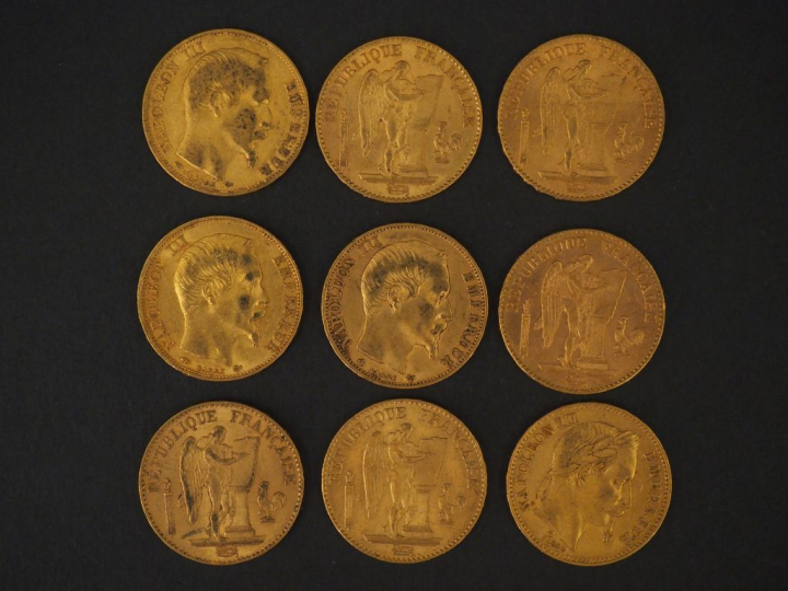 9 pièces de 20 Francs or : 1 de 1868, 2 de 1896, 1 de 1886, 3 de 1860,
