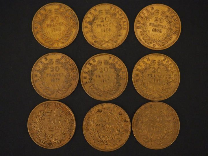9 pièces de 20 Francs or : 1 de 1851, 1 de 1853, 3 de 1857, 1 de 1852,