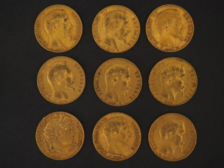 9 pièces de 20 Francs or : 1 de 1851, 1 de 1853, 3 de 1857, 1 de 1852,