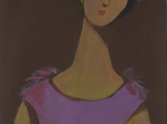 Vente aux enchères Seif WANLY 'Femme en rose'. Huile sur papier, signée en bas à droite. 