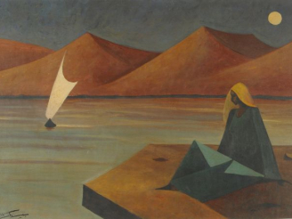 Vente aux enchères Hussein BICAR 'Marine au clair de lune'. Huile sur papier signée en ba