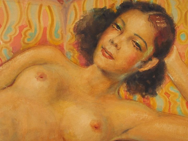 Ibrahim EZZAT  'Nue'.  Aquarelle, signée en bas à droite et datée (pli